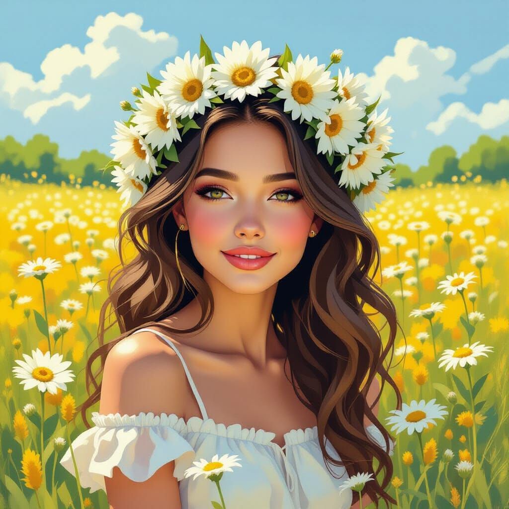 Girl in Chamomile Field: Abstract Expressionist Art