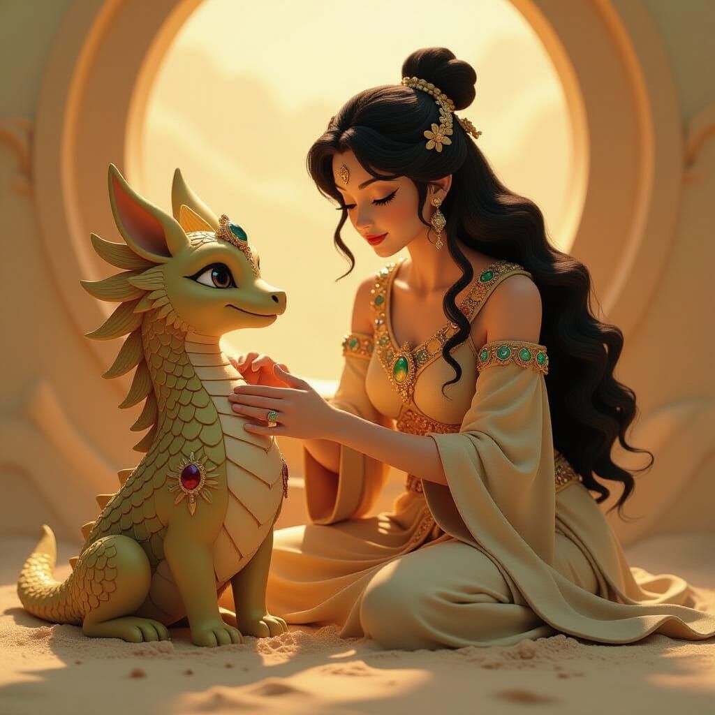 Goddess Sculpting Mythical Creature with Gemstone Accents