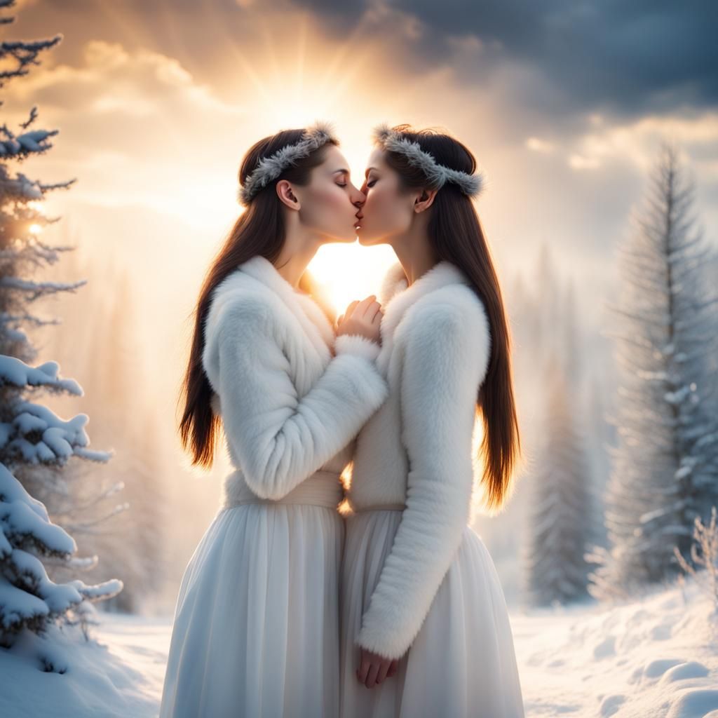 Lesbians Kissing in Winter Sunlight