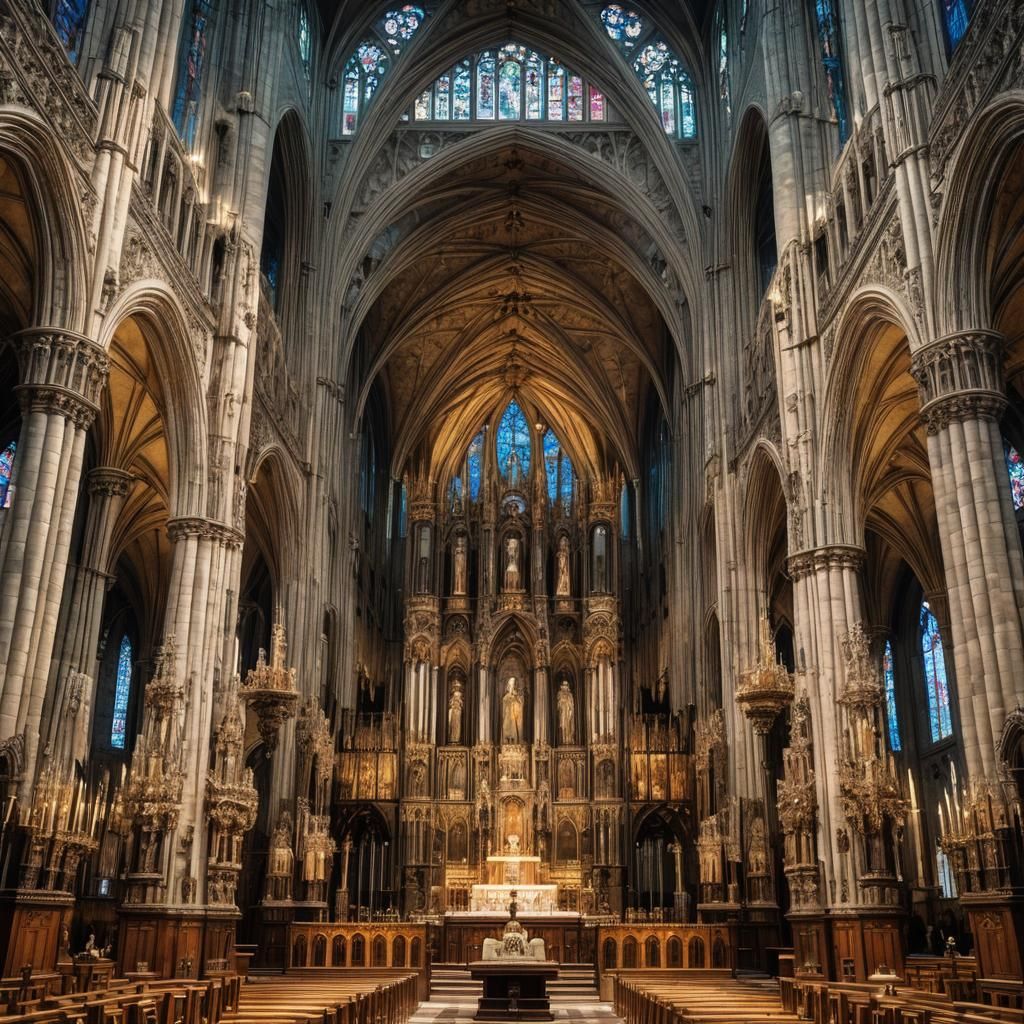 Grand Gothic Cathedral with Saint Statues and Crosses