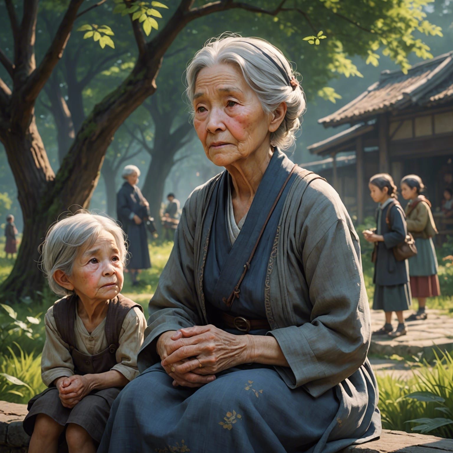 Old lady in a forest with a tiny clone