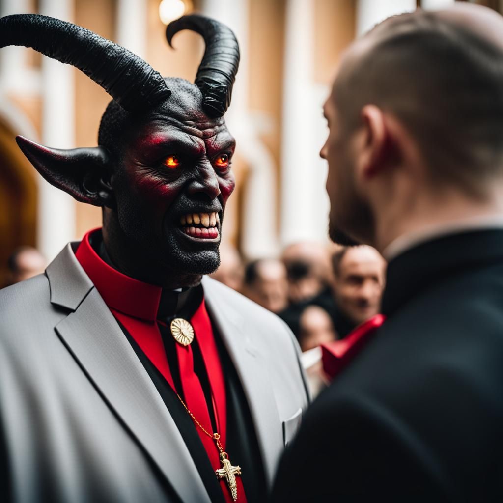 Horned Demon Confesses to Priest with Rainbow Scarf