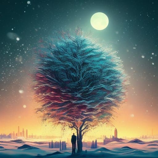 Whimsical Winter Night Scene with Giant Snowflake