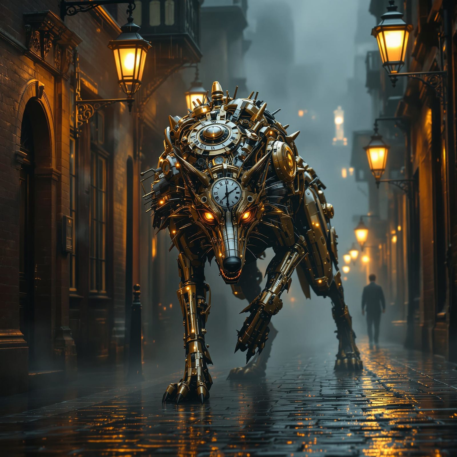 Clockwork Wolf in Foggy Victorian London