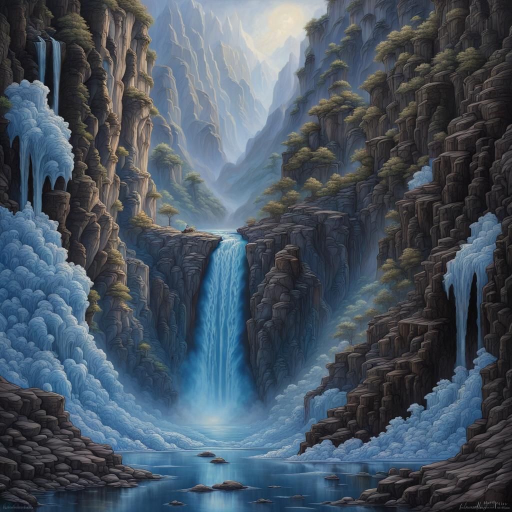 Canyon Portrait with Waterfall in 3D Photorealistic Style