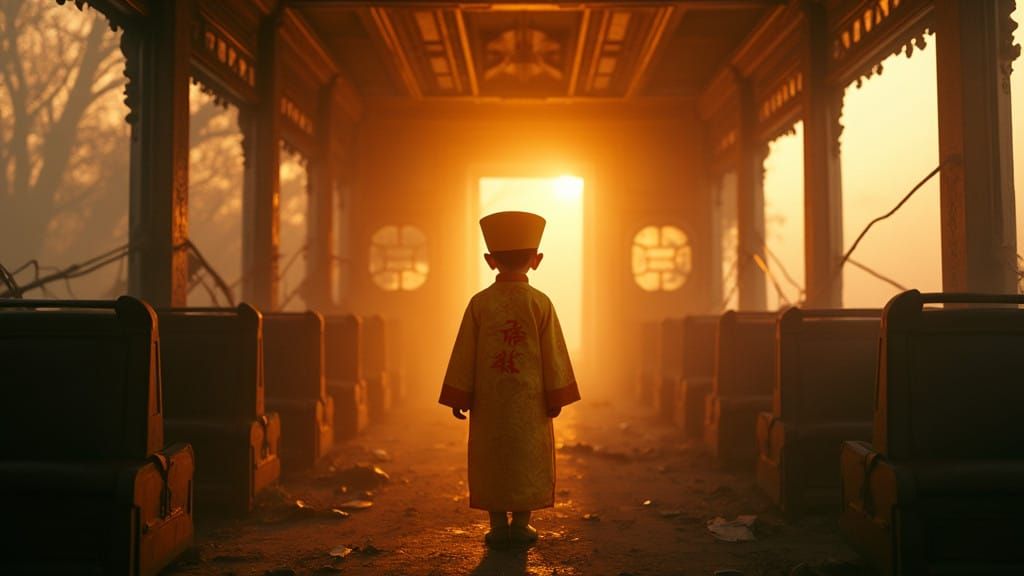 Young Chinese Prince in Train Wreckage, Impressionist Oil Pa...