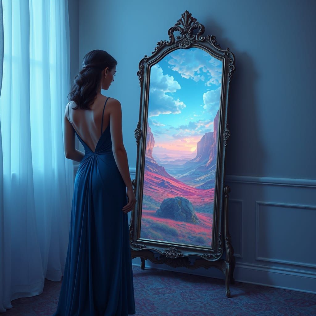 Woman Contemplating Dreamlike Landscape in Antique Mirror