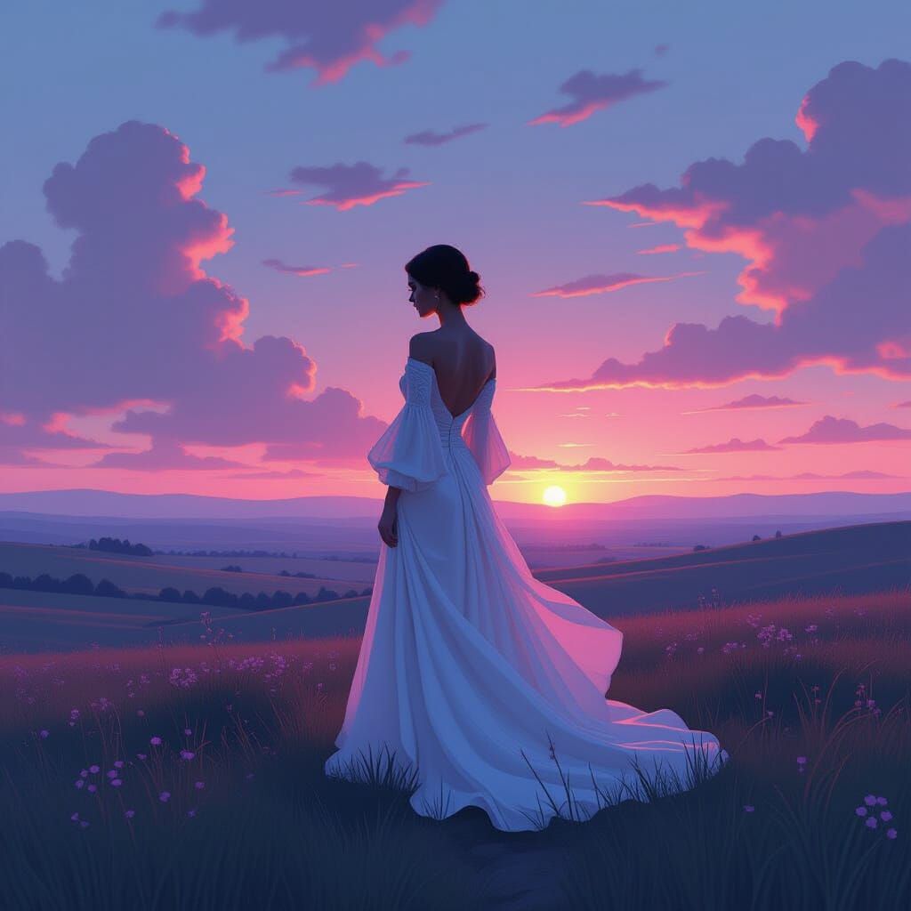 Elegant Woman in Serene Landscape, Digital Painting