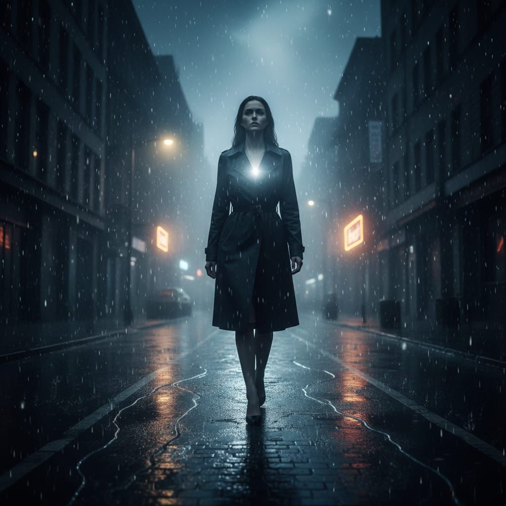 Woman Radiates Light in Dark City Street