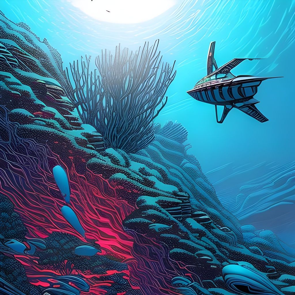 Polychromatic Submarine Exploring Ocean Floor in Comic Style