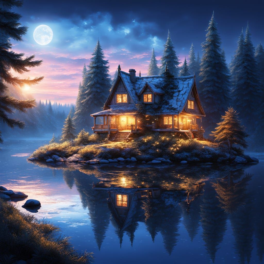 Magical Fairy-Tale House by Blue Sunset Lake