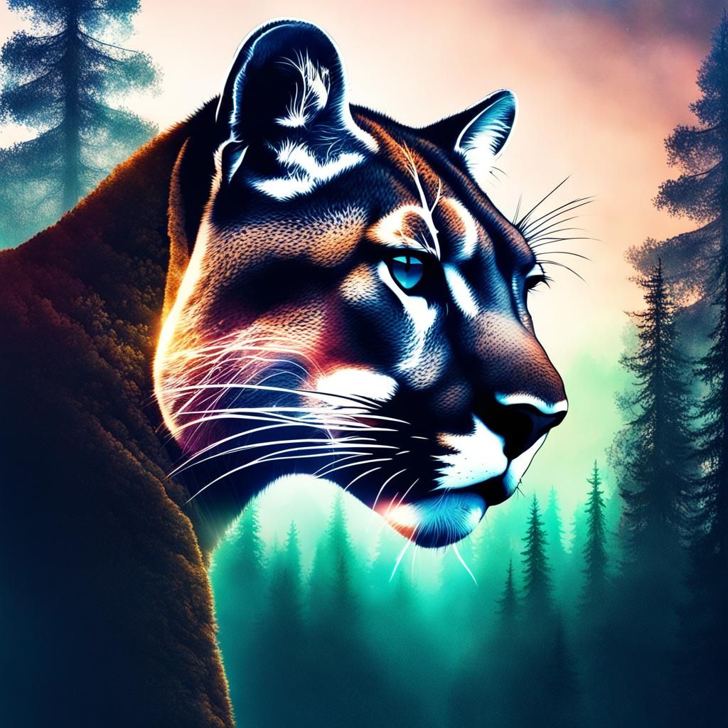 Mountain Lion Double Exposure Astral Illustration