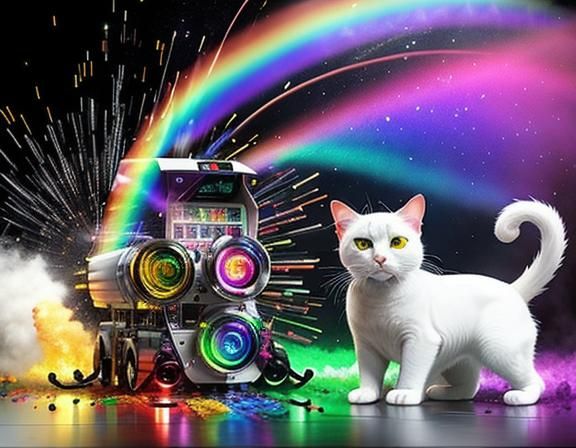 Rainbow Cat Playing with Exploding Machine