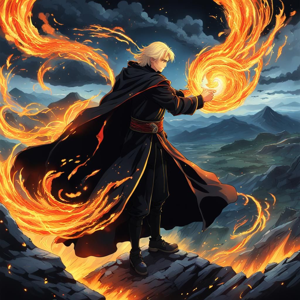 Anime Fire Mage Casting Spell on Mountainside