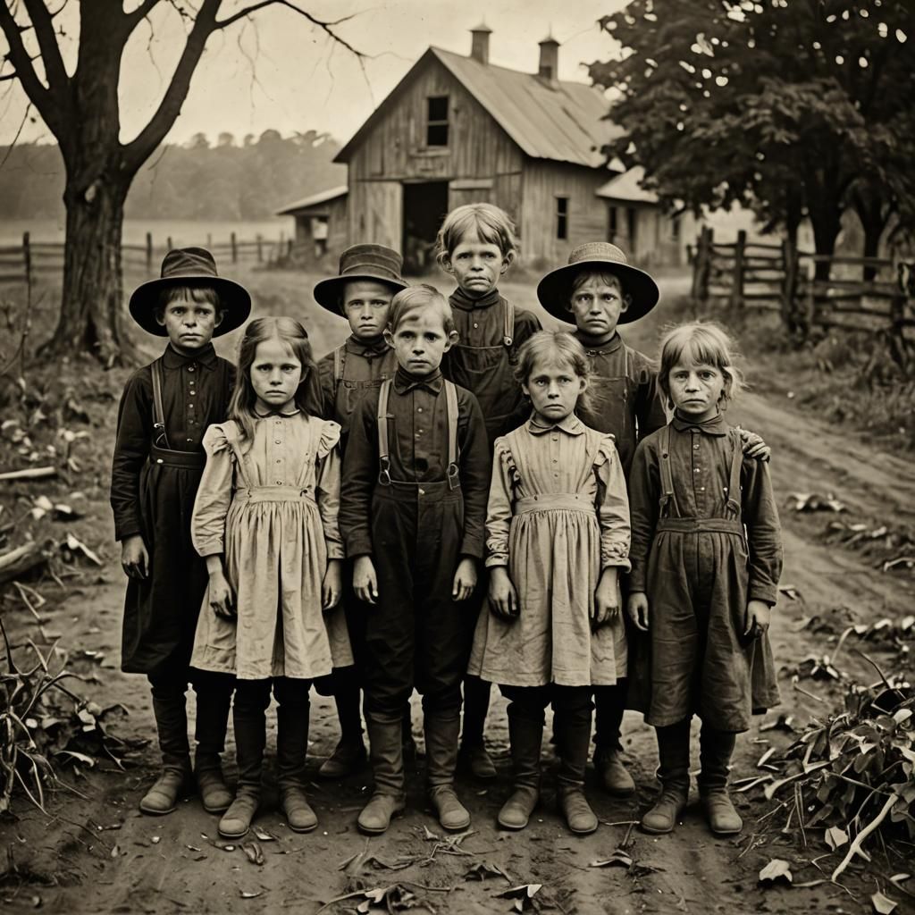Spooky Farm Children in Vintage 1900s Photo