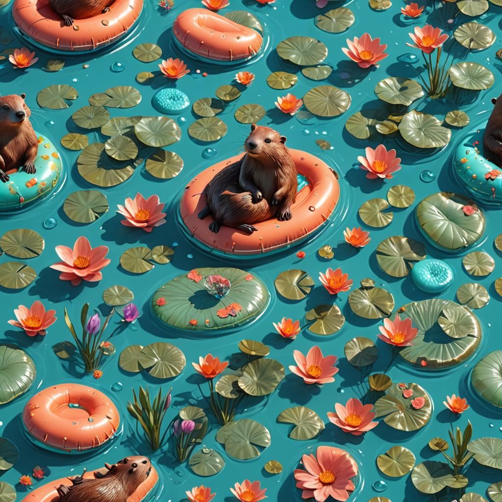 Beaver on Mattress in Turquoise Water: 3D Rendering