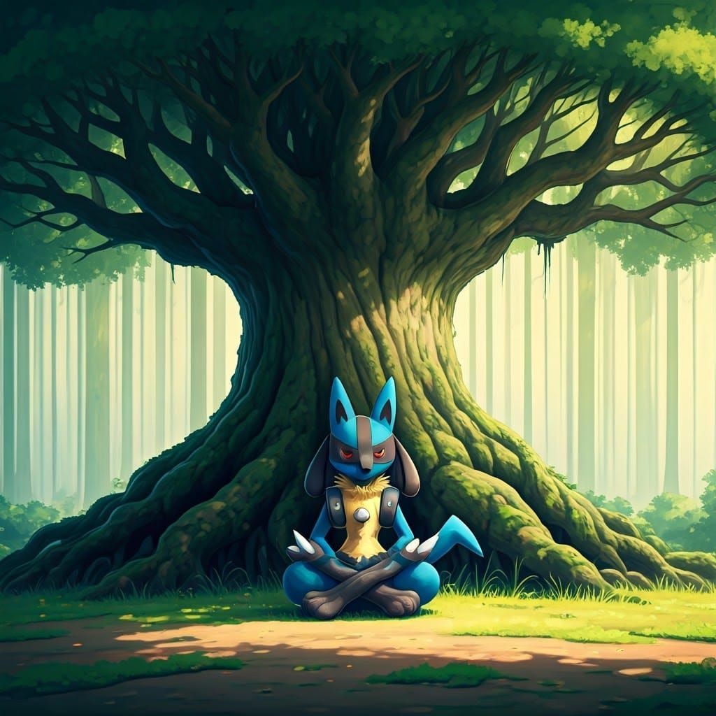 Tranquil Lucario in a Serene Watercolor Landscape