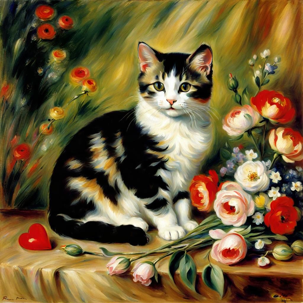 Cute Cat Among Flowers: Impressionist Painting