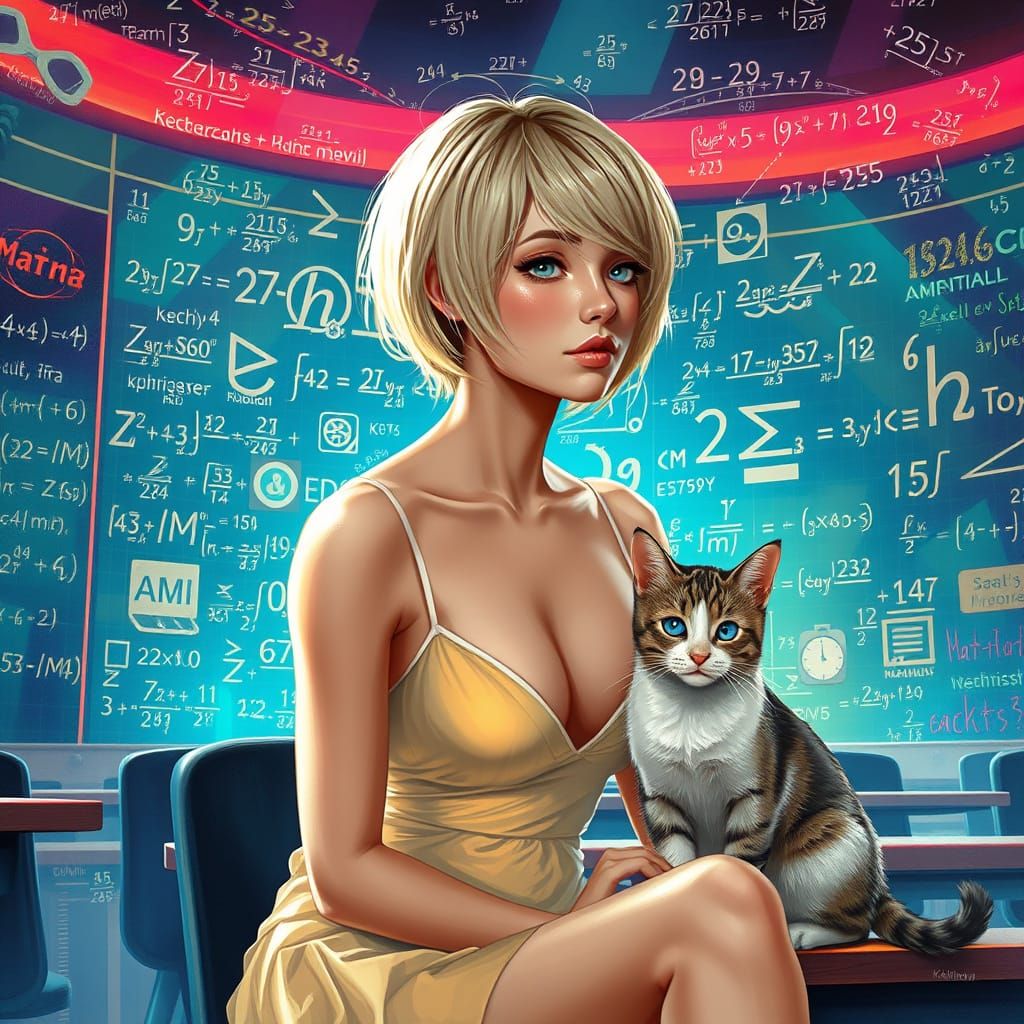 Woman and Cat in Futuristic Math Class, Hyperrealistic Style