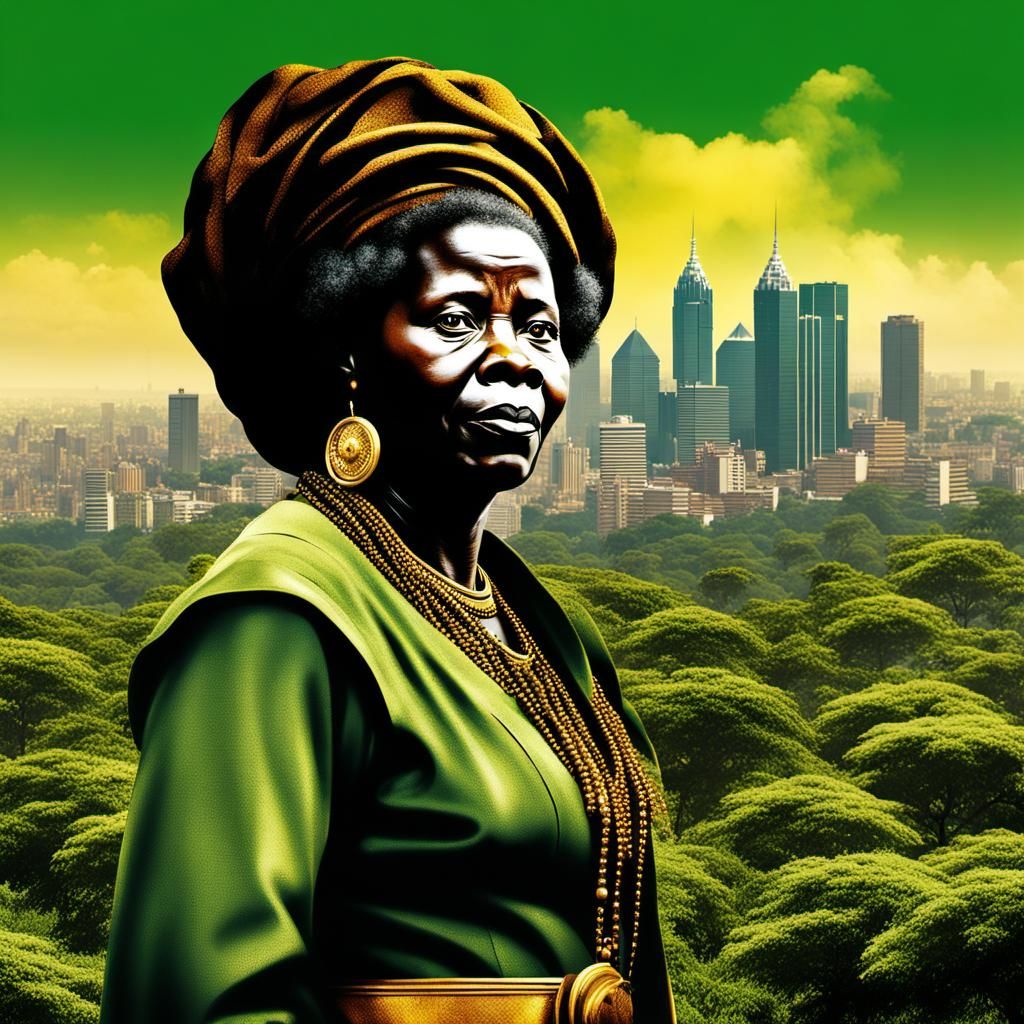 Wangari Maathai in a Steampunk City Forest