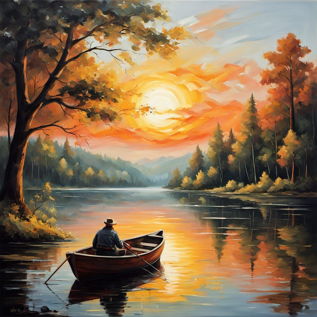 Fisherman in Boat at Sunrise Lake Oil Painting