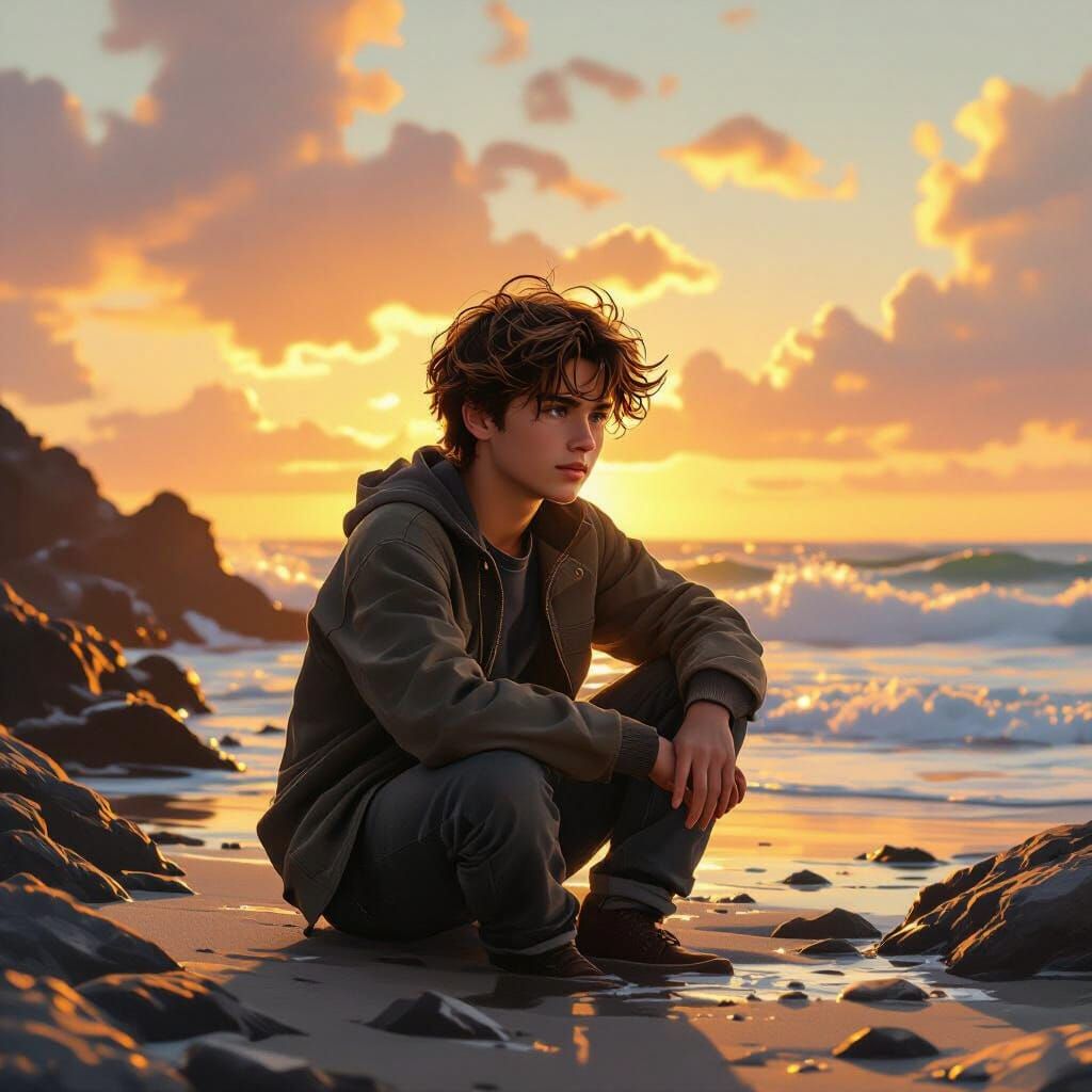 Teenage Boy on Rocky Beach at Sunset