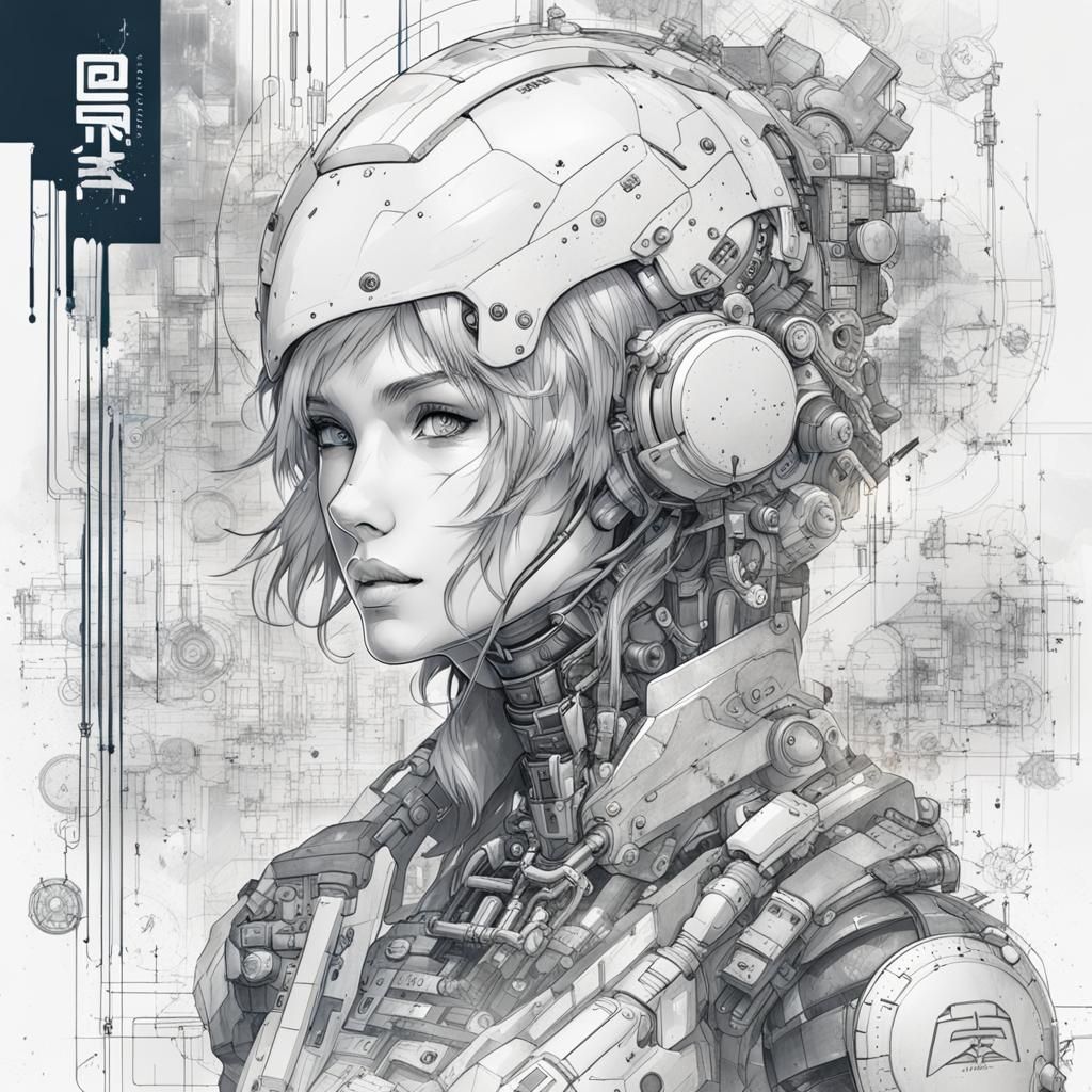 Technical Concept Art: Woman in Cyberpunk Coloring Book Styl...