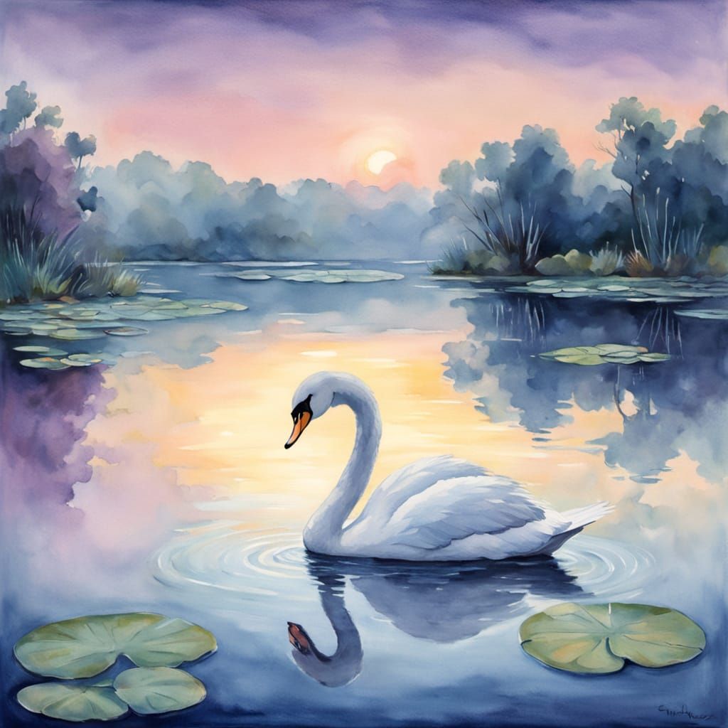 Ethereal Watercolour Swan on Twilight Lagoon