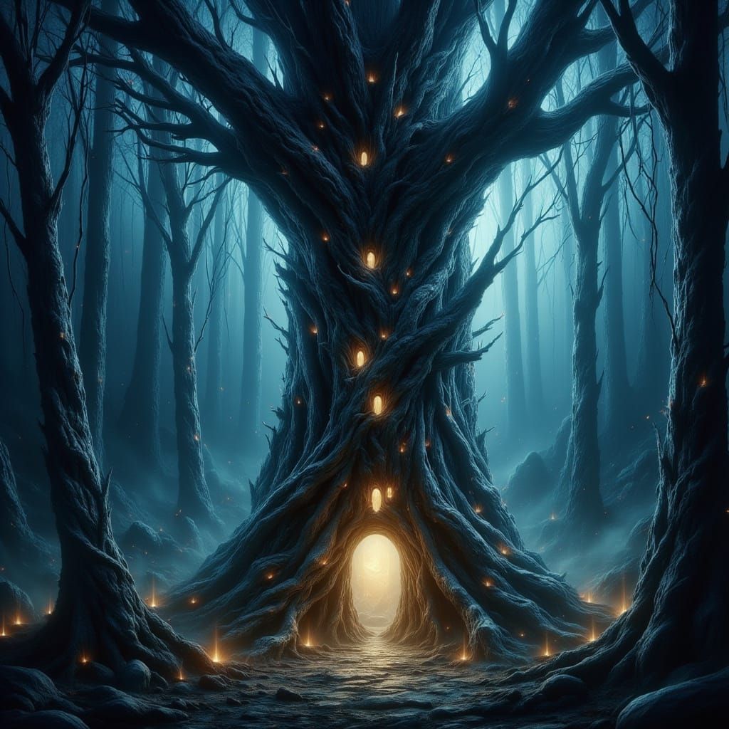 Mystical Forest Tree Portal in Brian Froud Style