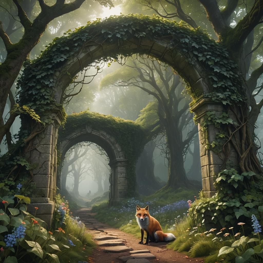 Misty Forest Archway with Fox, Fantasy Art