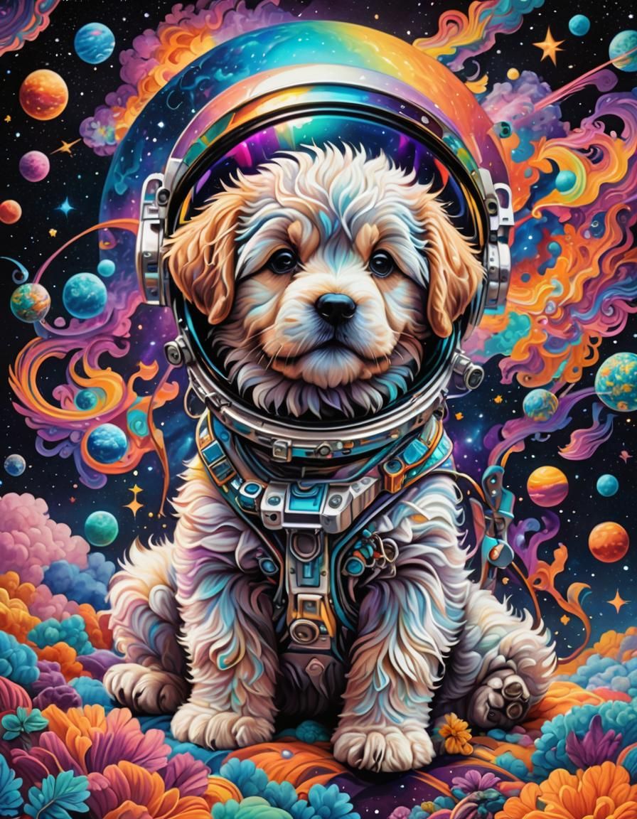 Puppy Astronaut in Iridescent Colors, Psychedelic Artwork