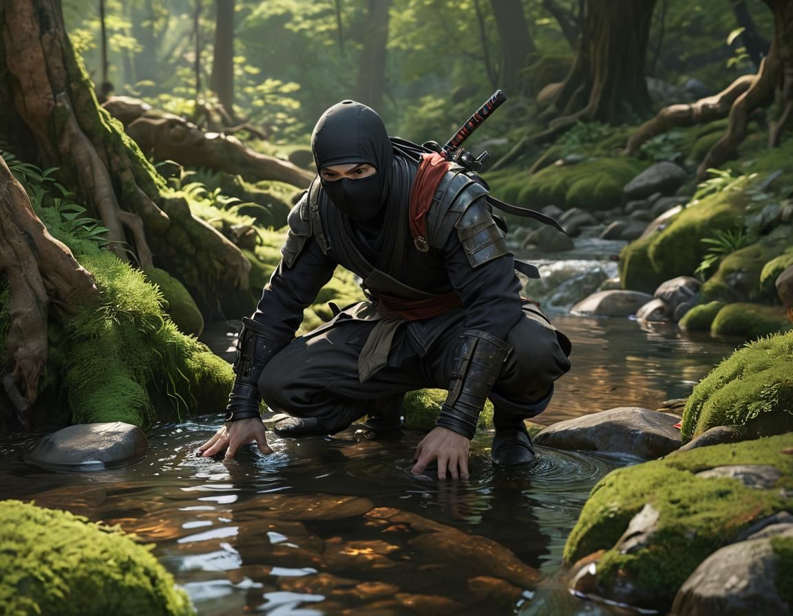 Ninja Creeping Silently Through Forest Stream in 3D Anime St...