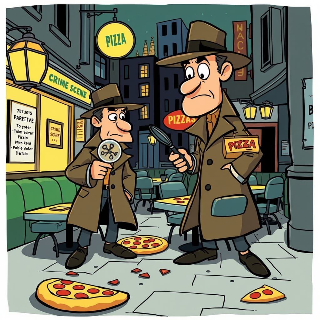 Detective Investigates Pizza Crime in Vintage Cartoon Style