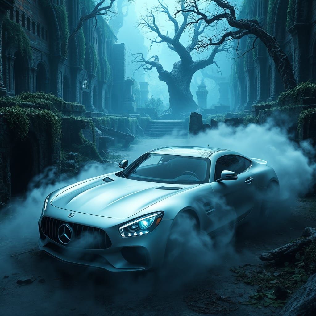 Mercedes-Benz in Mystical Ruins with Ethereal Glow