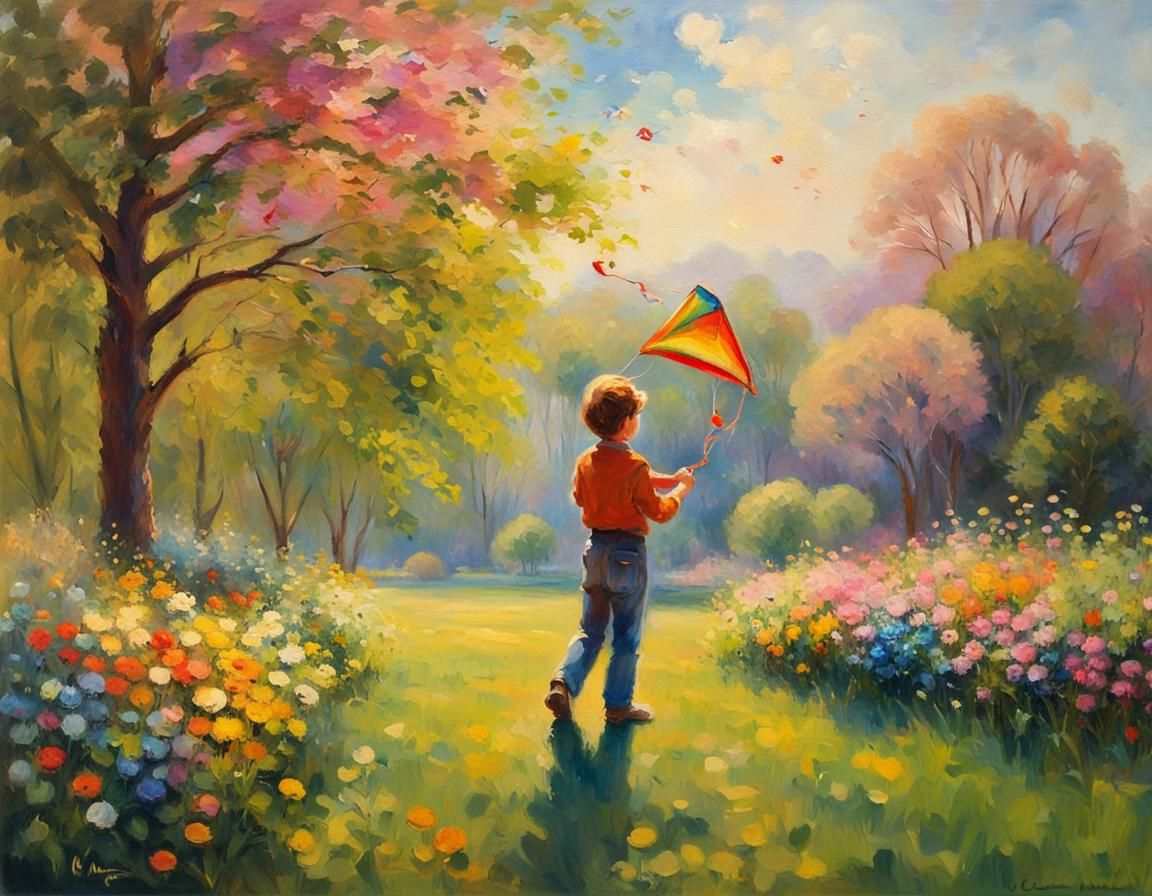 Boy Flying Kite in Impressionist Spring Park