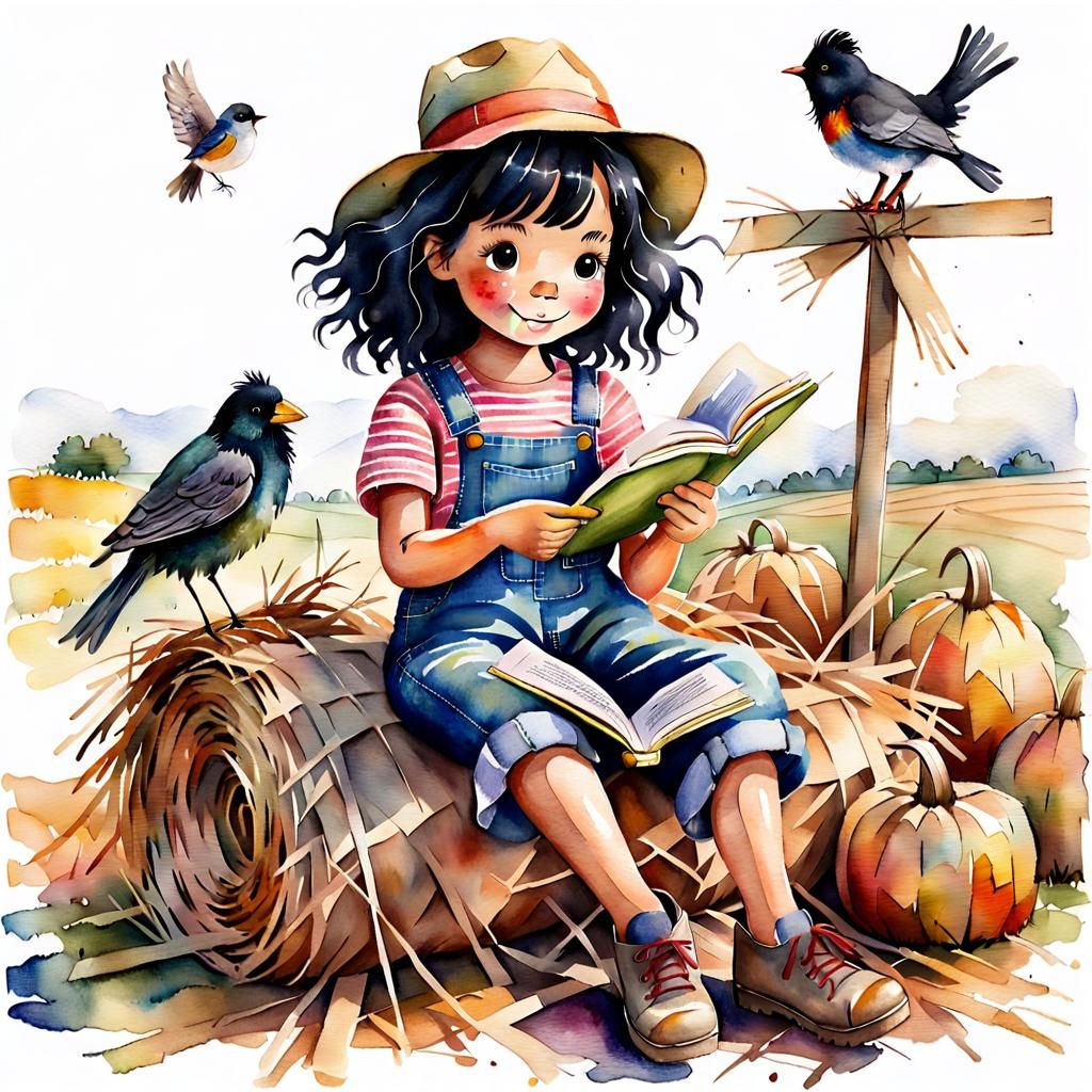 Girl Reading to Scarecrow in Watercolor Style
