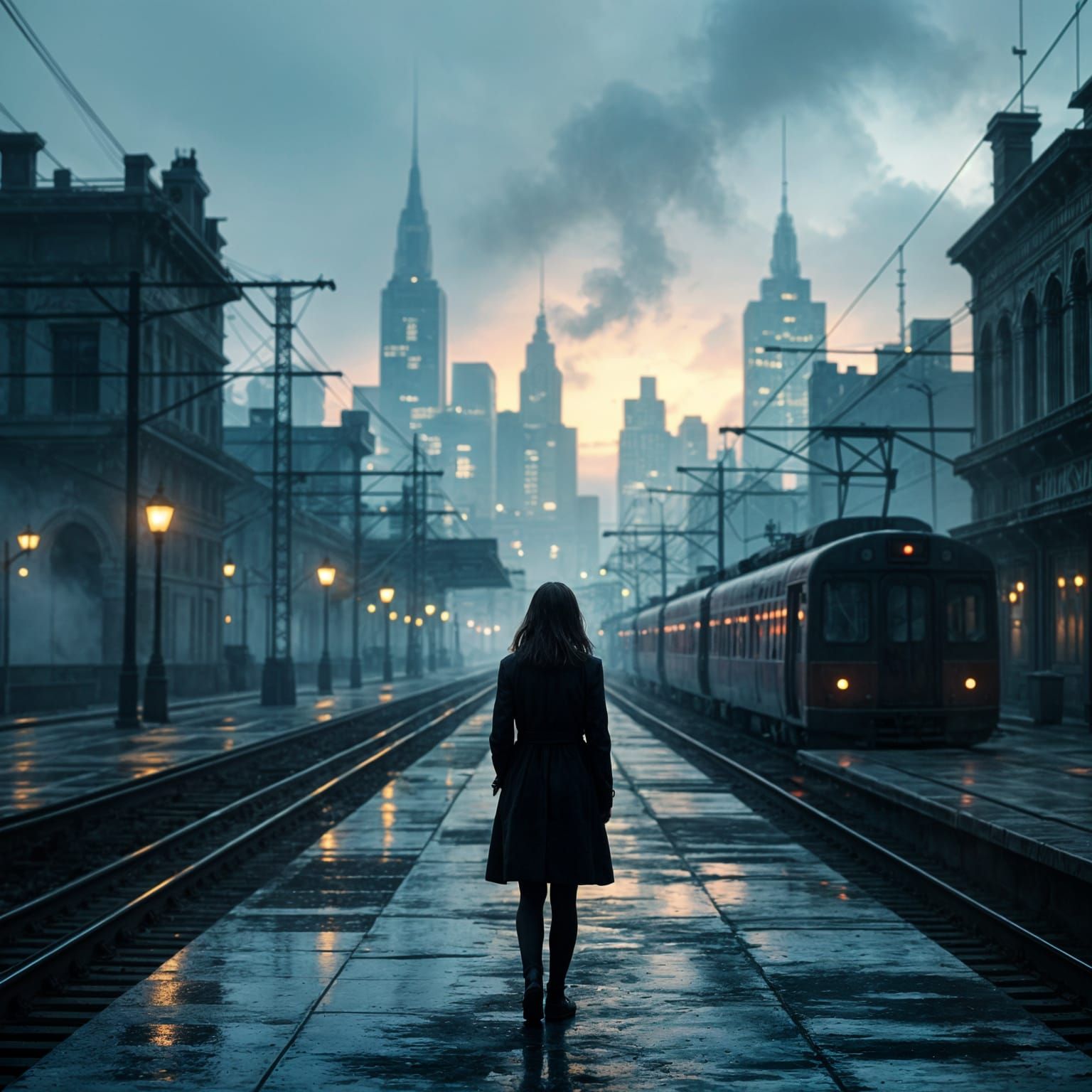 Woman on Deserted Platform in Dystopian Cityscape