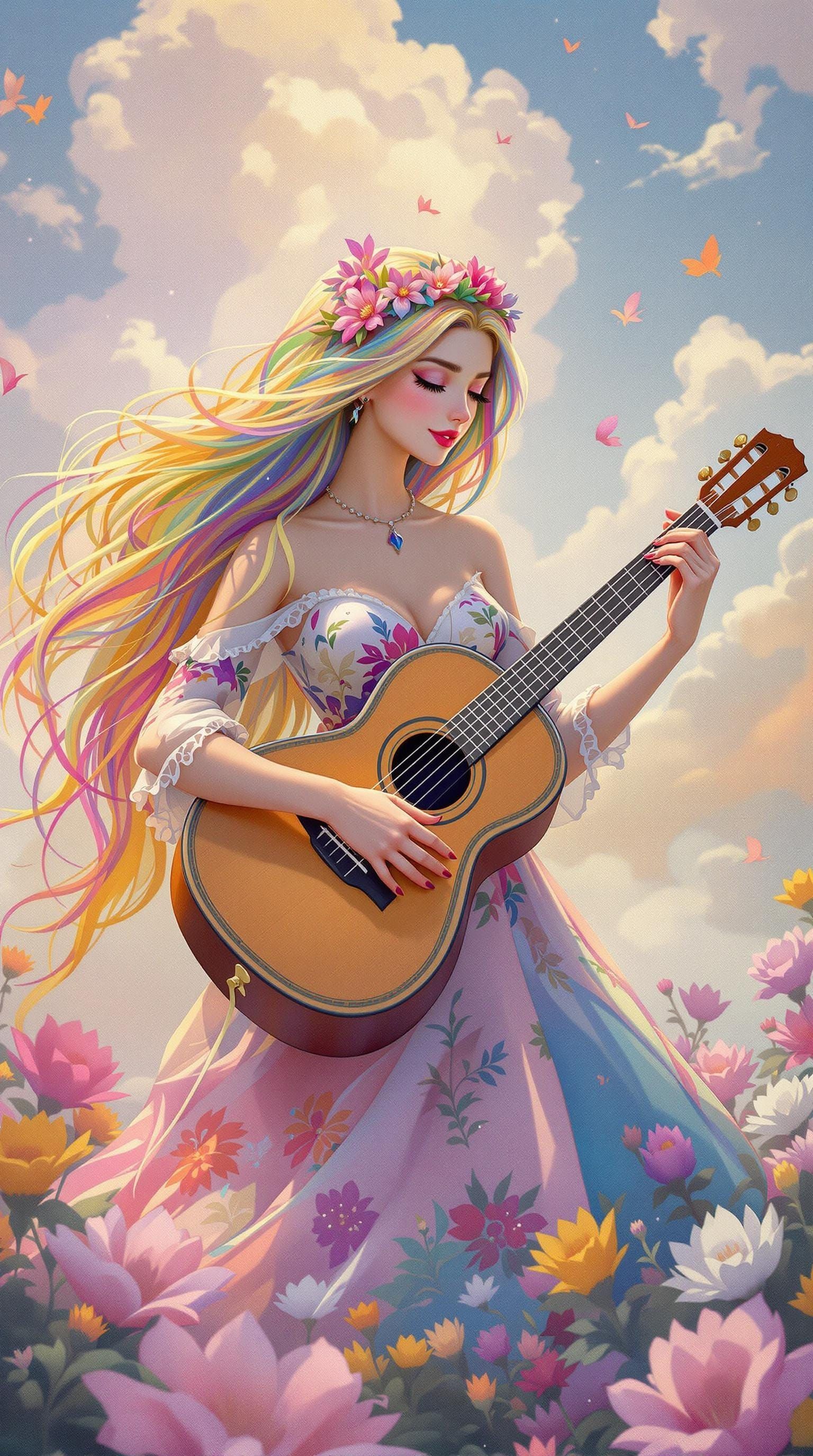 Young Woman Plays Guitar on Stage with Vibrant Hair and Clot...