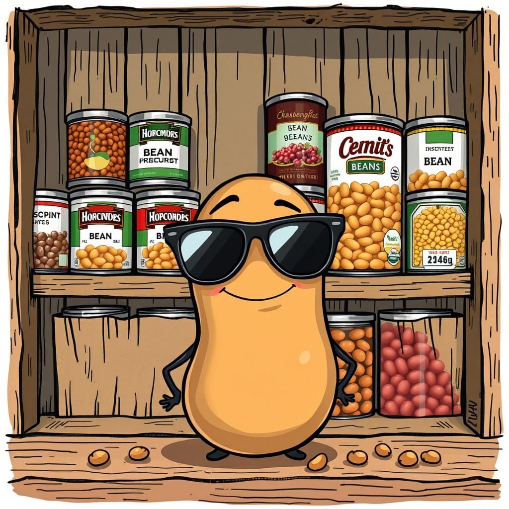 Playful Bean Character in Retro-Style Setting