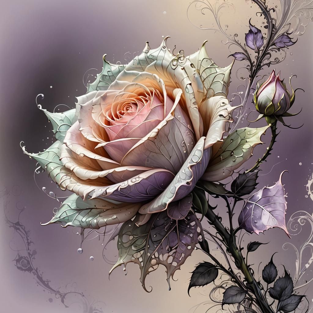 Filigree Fractal Rosebud in Pastel Ink, Botanical Art