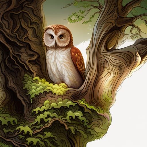 Enchanting Owl Portrait on Forest Branch, Watercolor Art