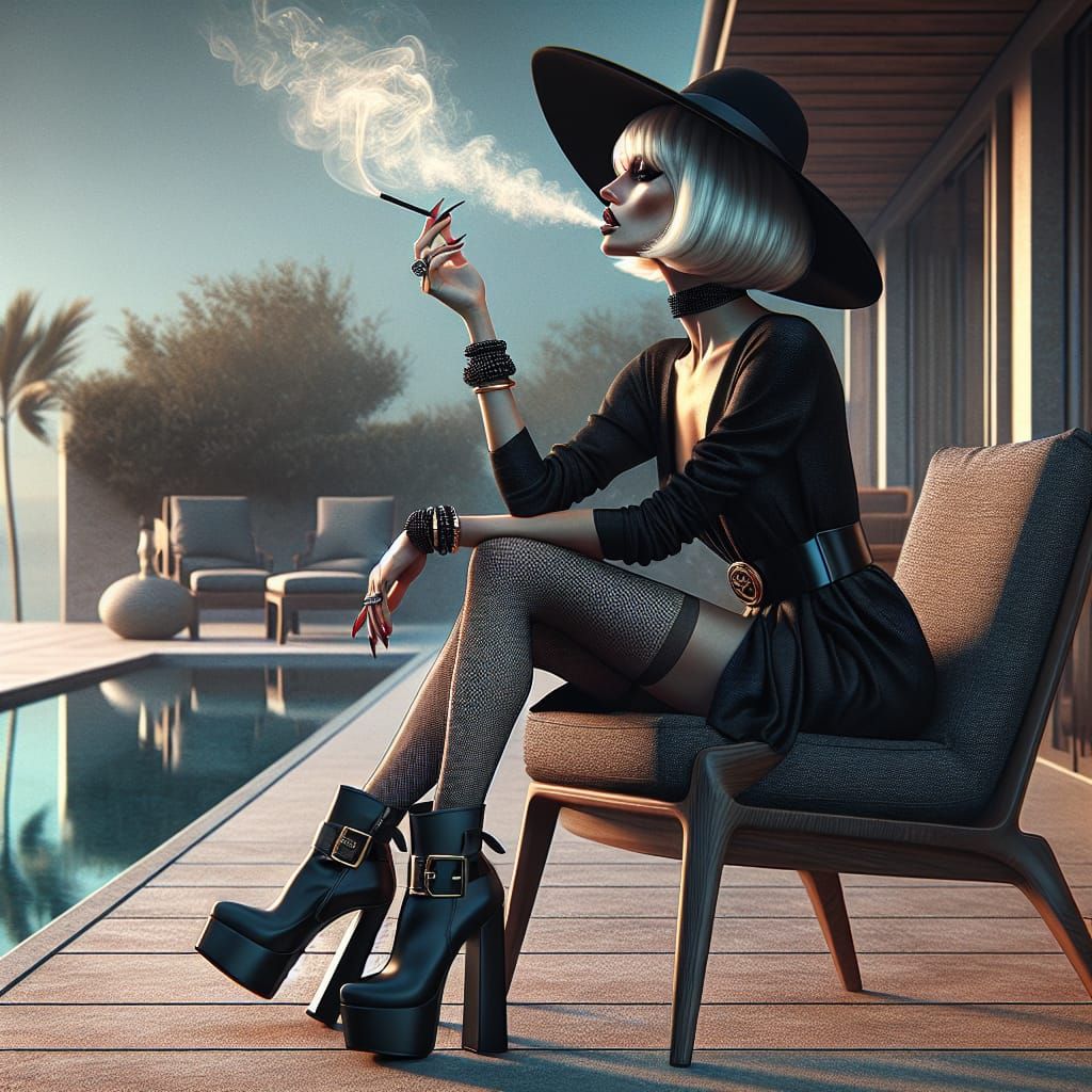 Elegant Woman Smoking with a Long Mouthpiece