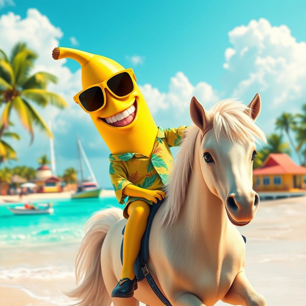 Cheerful Banana Rides Pony Along Caribbean Beach