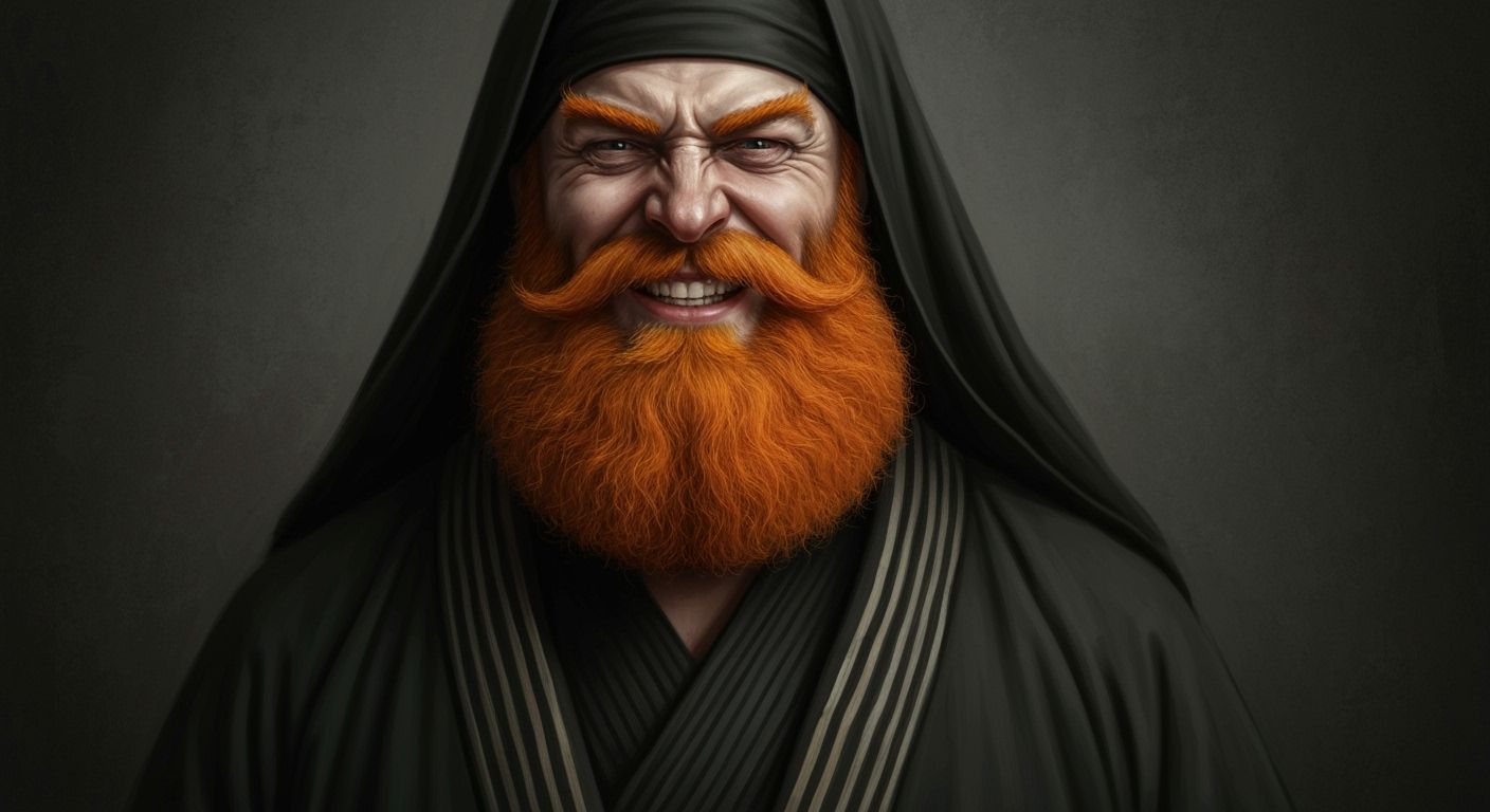 Malicious Man with Orange Beard in Dark Robe Portrait