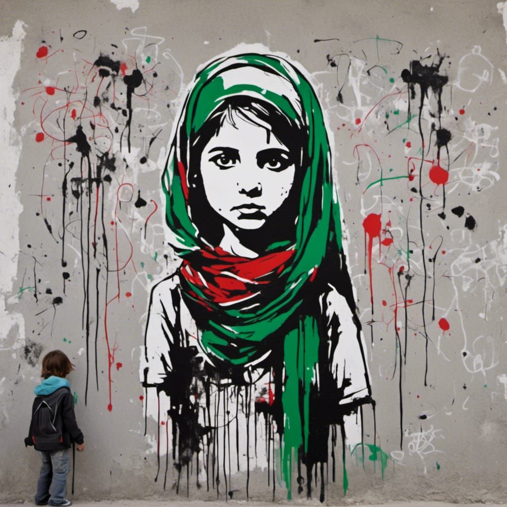 Defiant Palestinian Girl: Neo-Expressionist Graffiti Mural