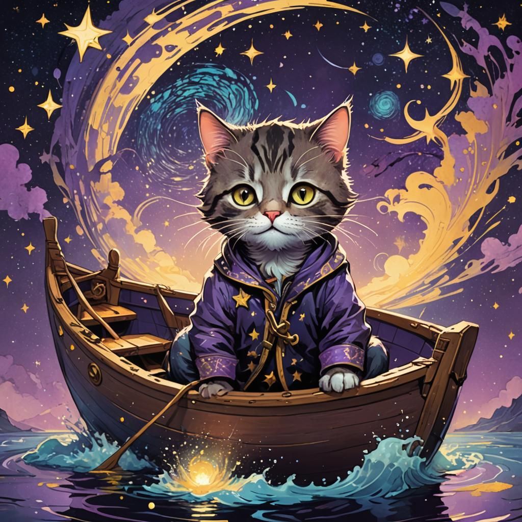 Fantasy Cat and Boy in Starry Night Sky