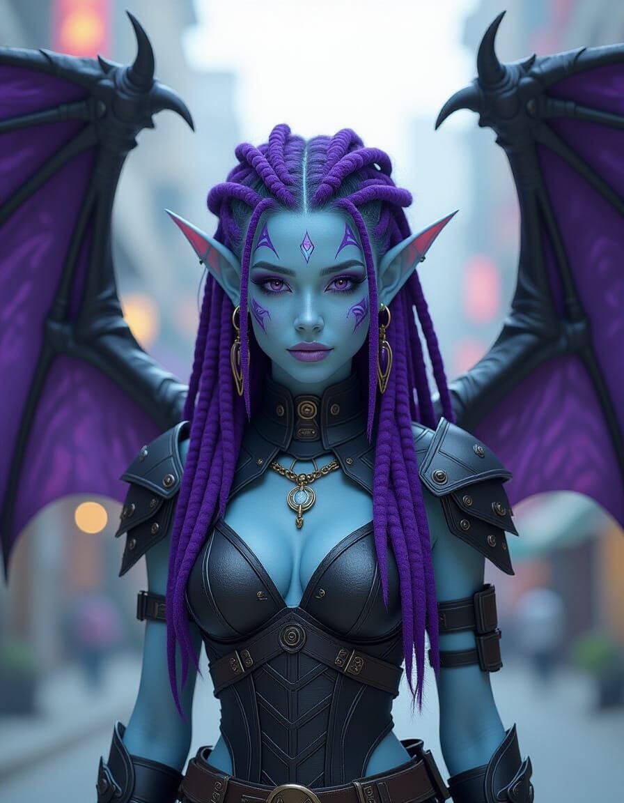 Cyberpunk Elf with Dragon Wings and Dreadlocks