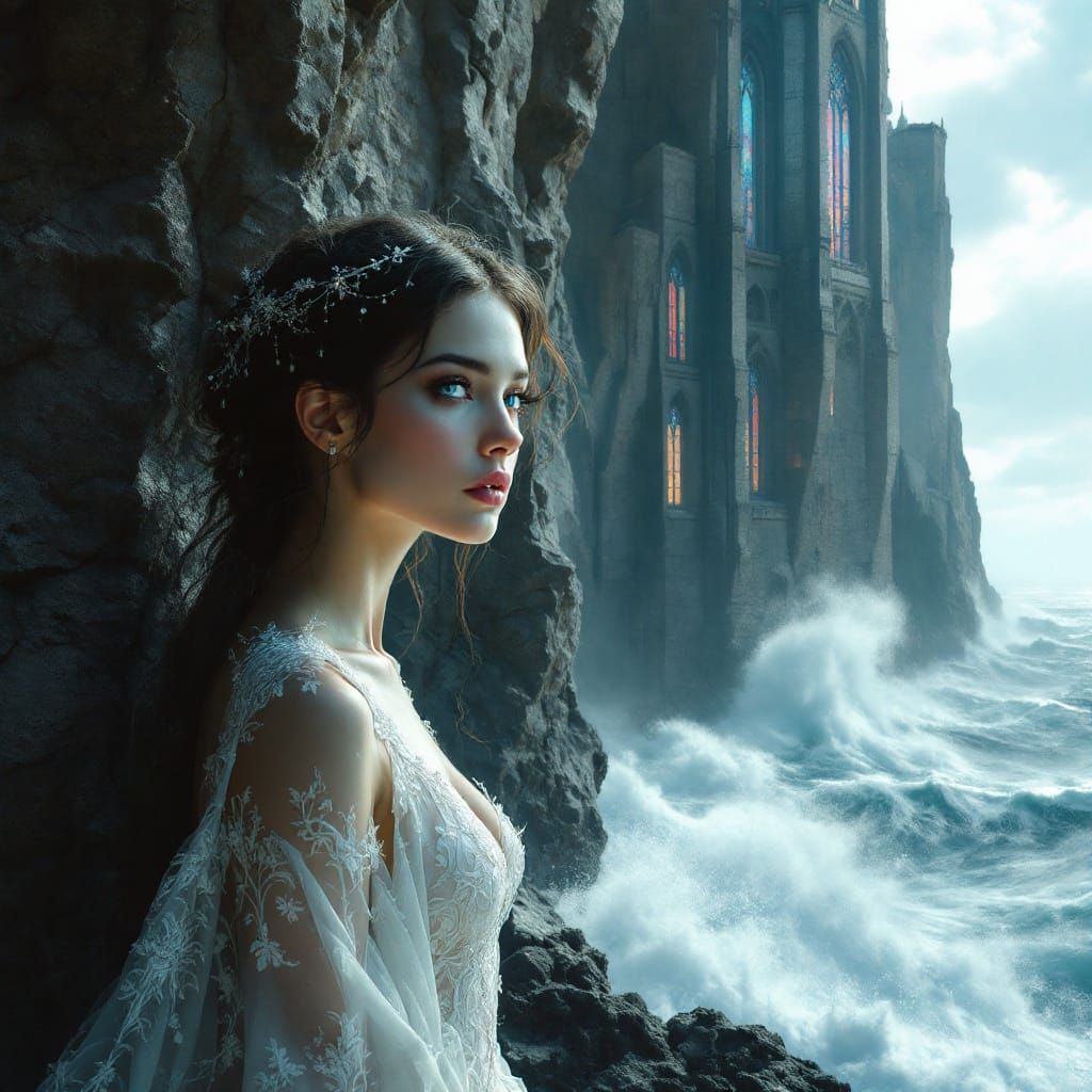 Mystical Woman Beside Gothic Cathedral on Cliffside