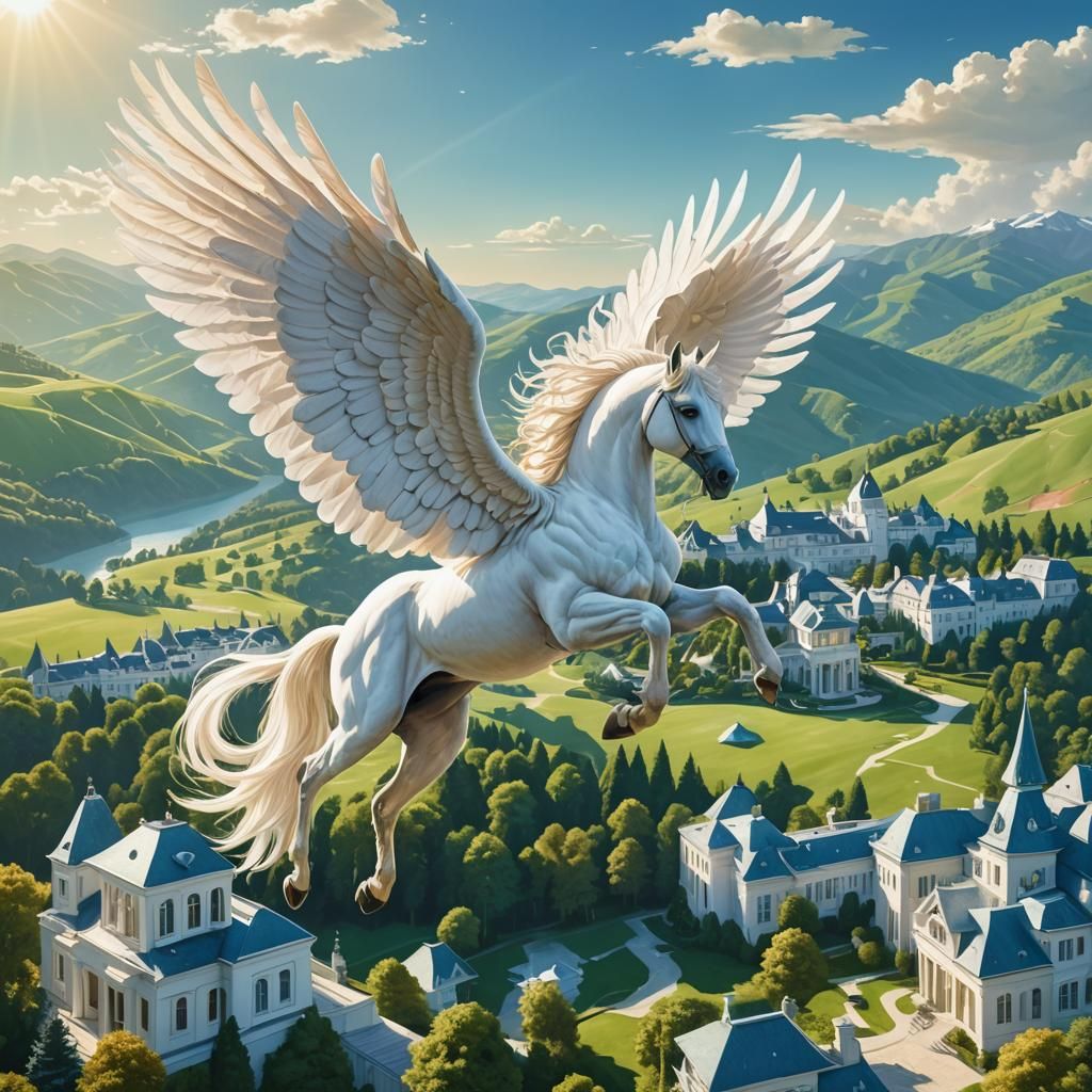 Pegasus Soaring Above a Mansion, Digital Art