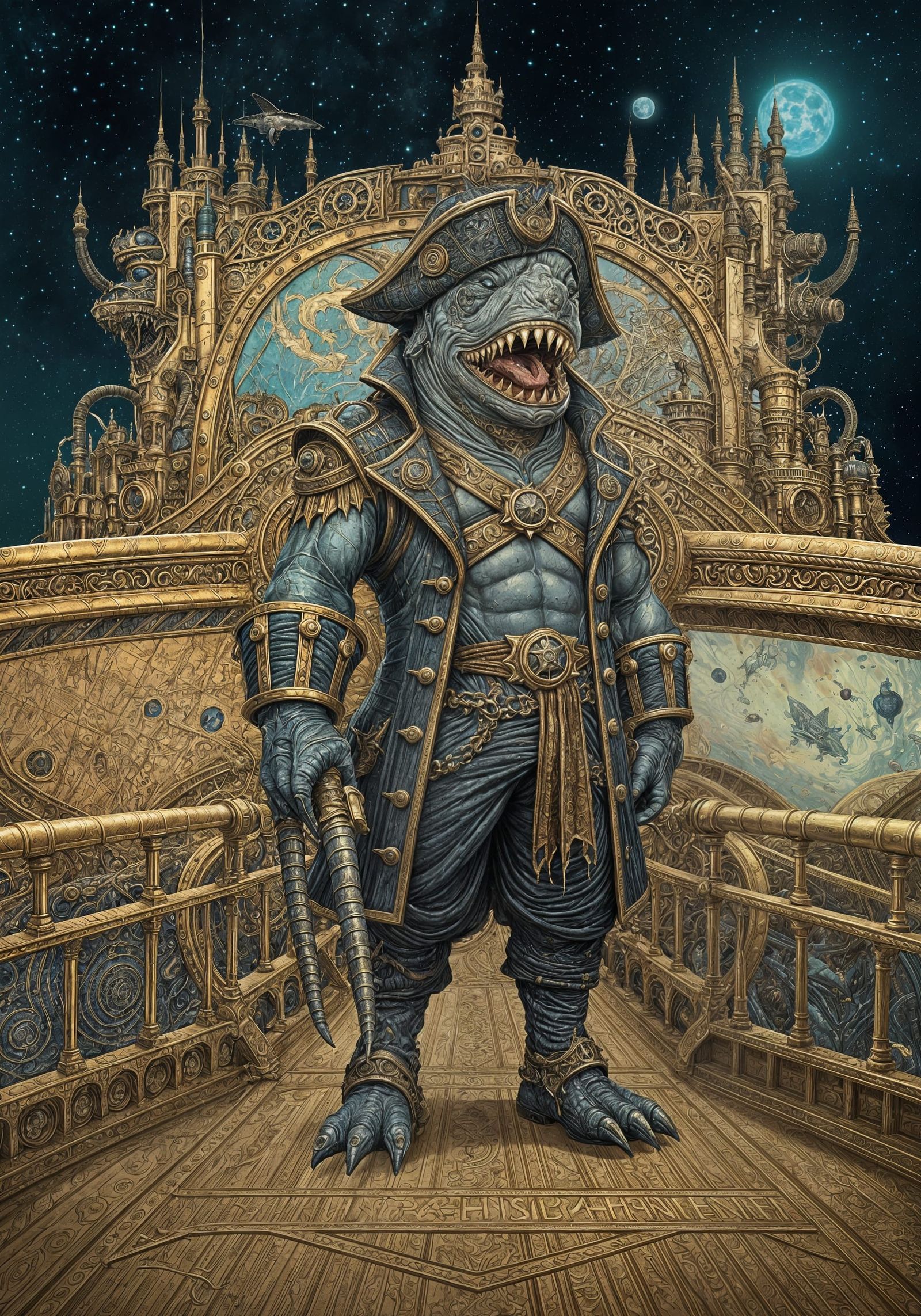 Alien Shark Pirate on Gold Spaceship: Ink Illustration